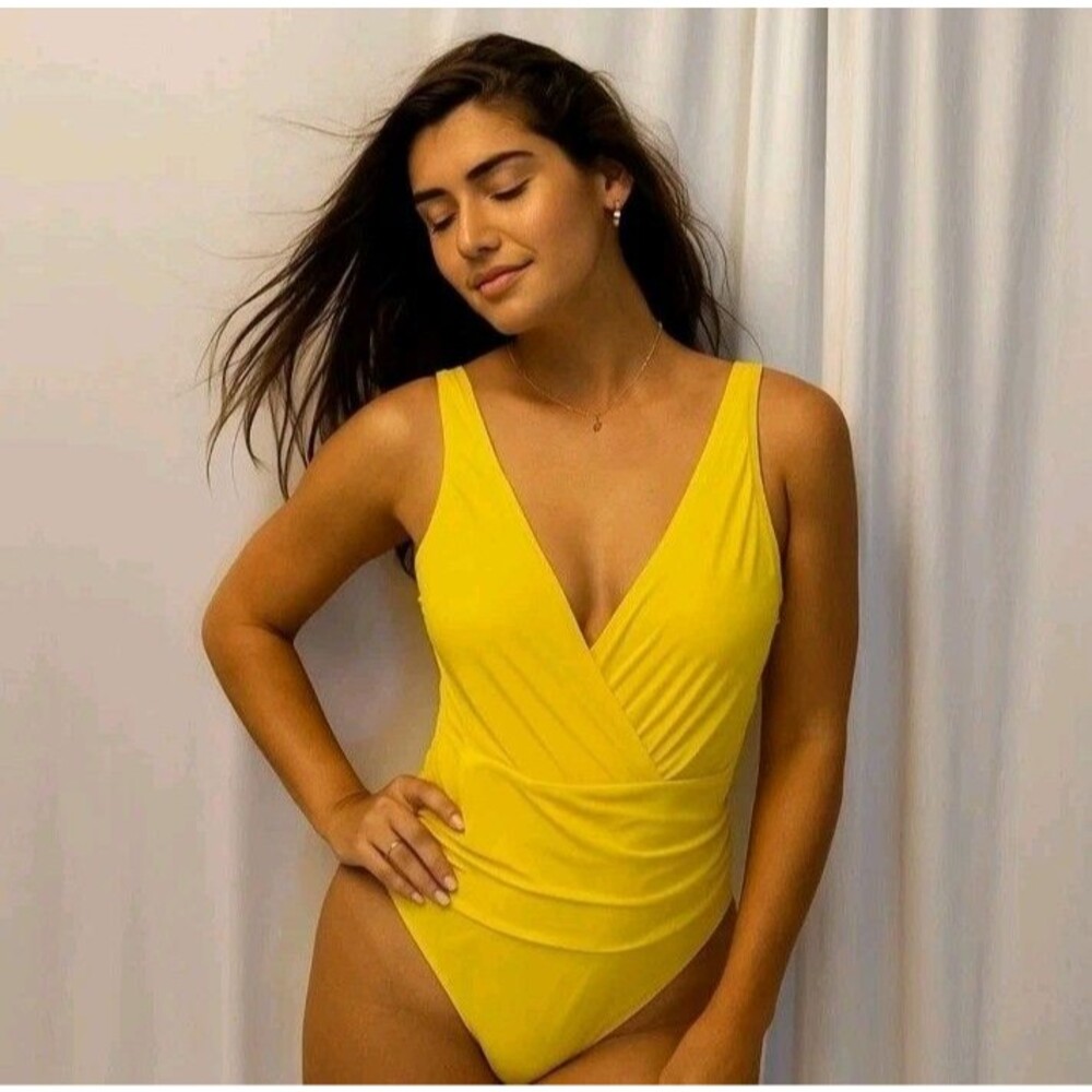 Jantzen Womens 16 Yellow Surplice One Piece Swimsuit Tummy Control Ruched V-Neck